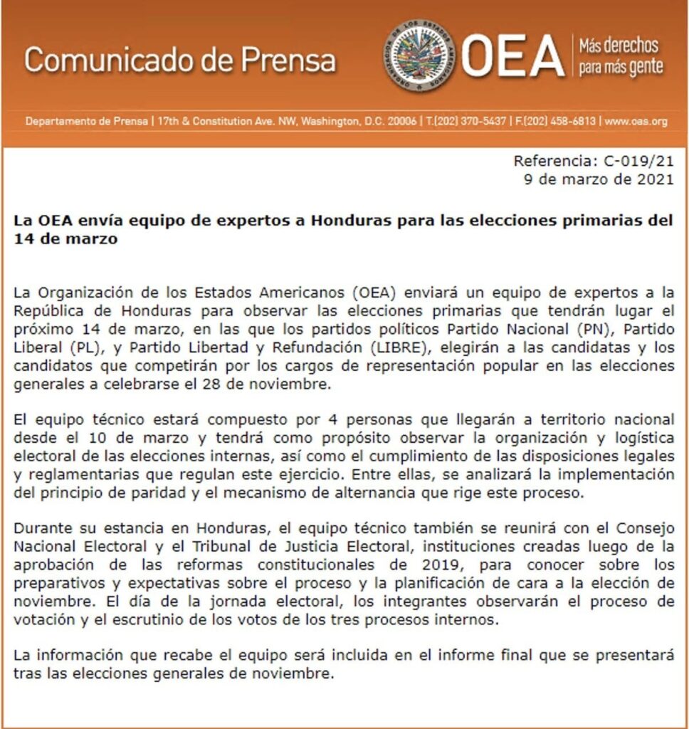 La OEA envía equipo de expertos a Honduras para las Elecciones