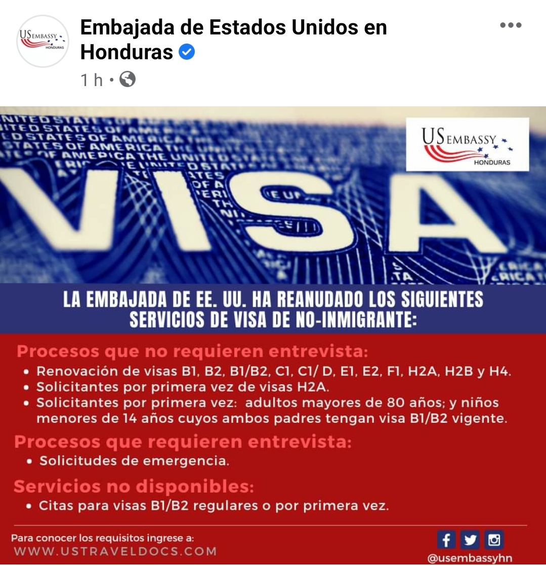 Embajada Americana en Honduras reanuda procesos de solicitud de visas