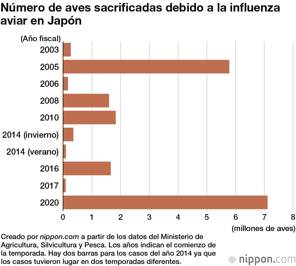 Cuadro comparativo de la cantidad de aves sacrificadas debido a brotes de gripe aviar.  Infografía cortesía de: Nippon.com