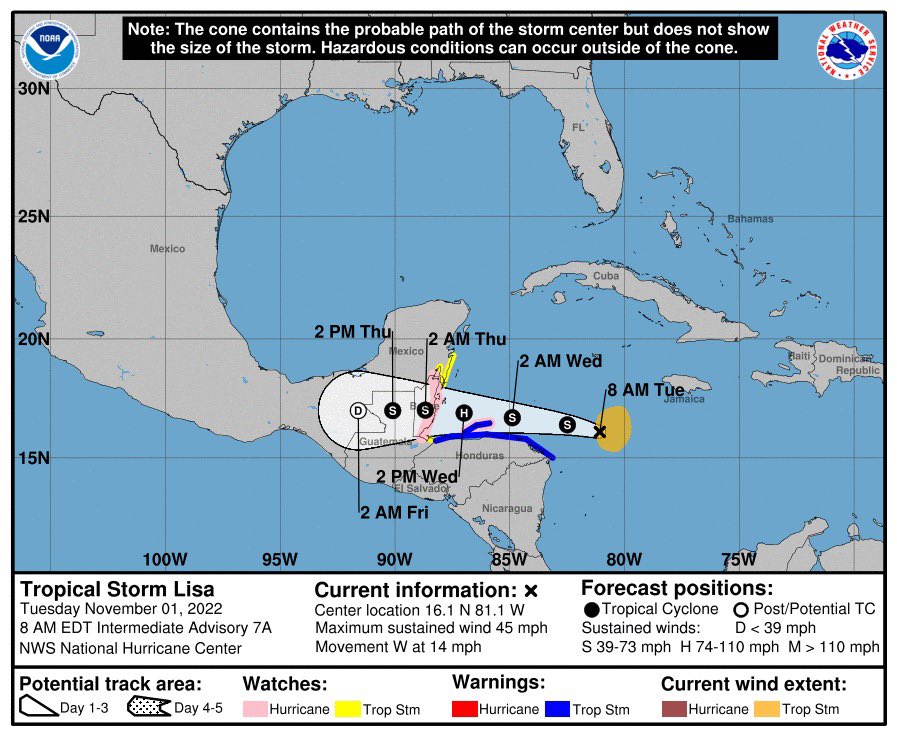 La Tormenta Tropical Lisa se ubica al noreste de Honduras, presenta vientos sostenidos de 75 km/h y se mueve con una velocidad de 22 km/h, según actualización del Centro Nacional de Huracanes.