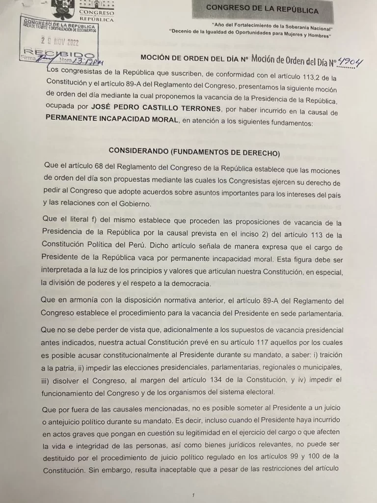 Con esta moción presentada al Congreso de Perú, se determinará mediante votación si se le da vacancia a la presidencia de la República, misma que ostenta Pedro Castillo.