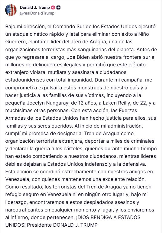 Trump anuncia la muerte del ‘Niño Guerrero’, el líder de la banda venezolana Tren de Aragua